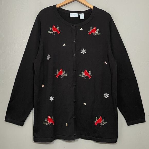 Liz & Me Size 0X Black Embroidered Sequin Red Bird Snowflake Christmas Cardigan - Picture 1 of 10